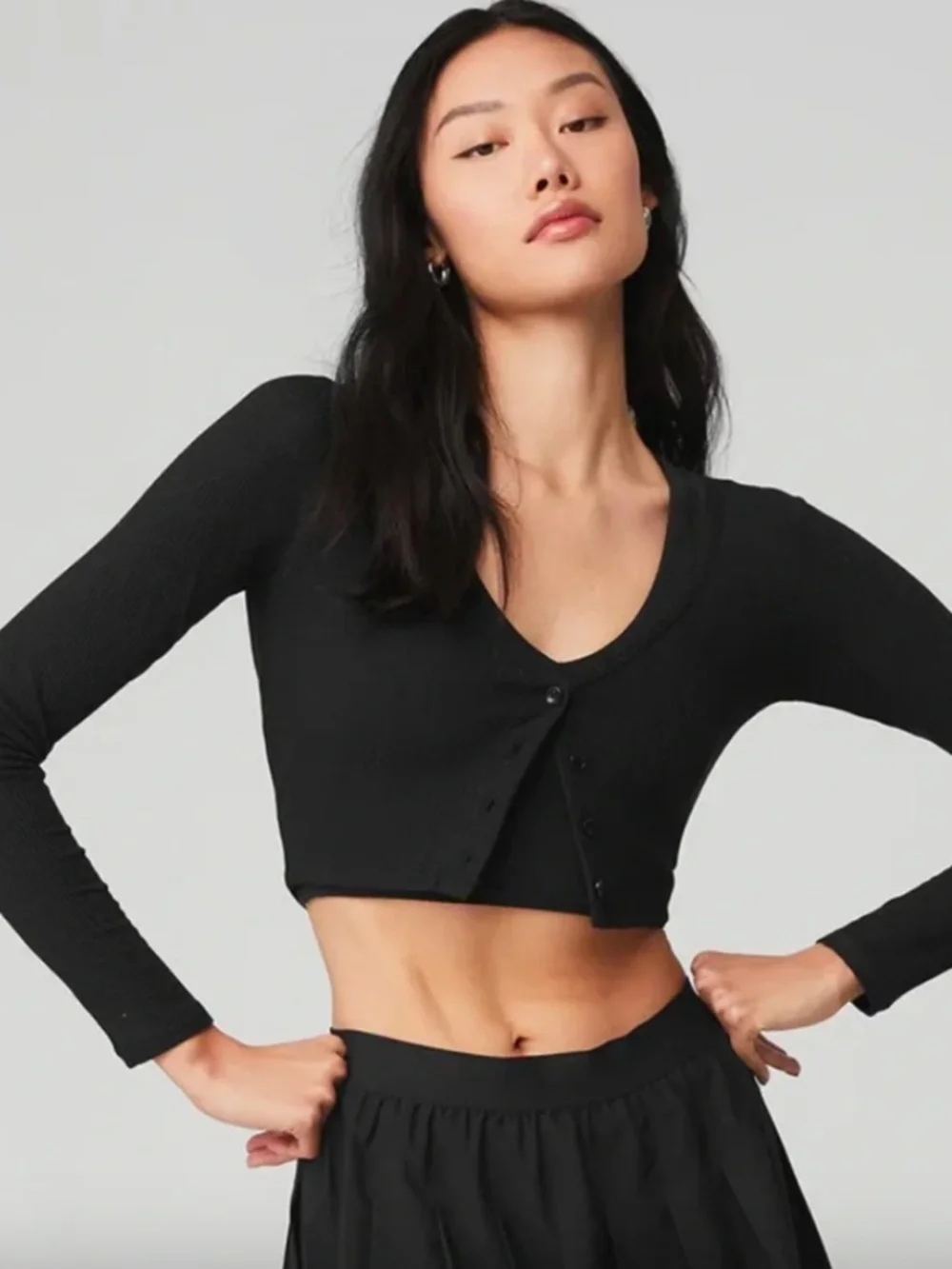 ALO YOGA Ribbed Cropped Whisper Cardigan Long Sleeve Button Crop Top Tee